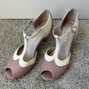 Chelsea Crew Cream and Tan Peep Toe Heels